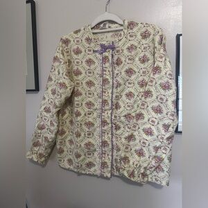Vintage Sears Floral Quilted Pajama Set in Cream with Purple Trim